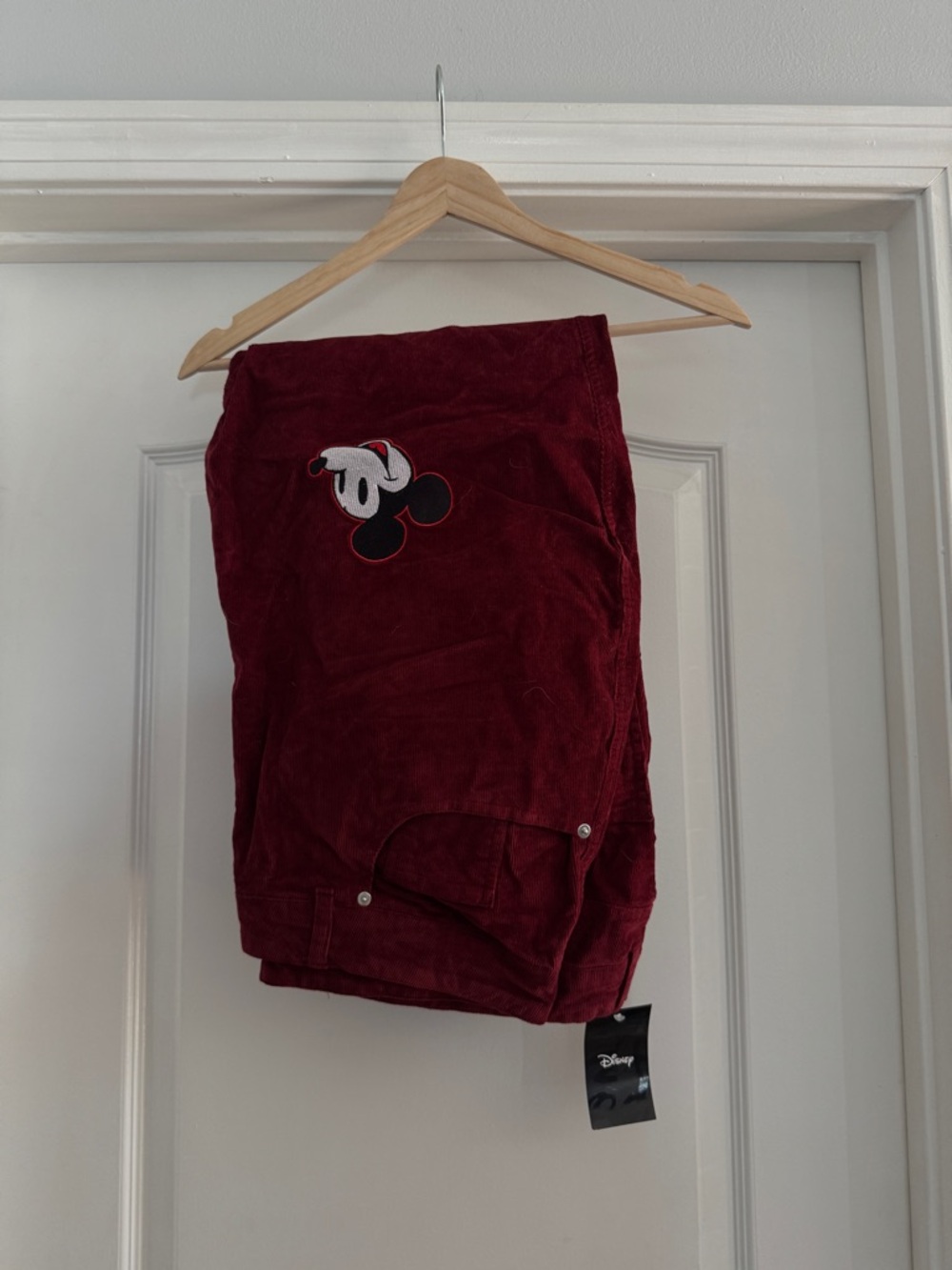Hot Topic Burgundy Corduroy Pants with Mickey Mouse Patches